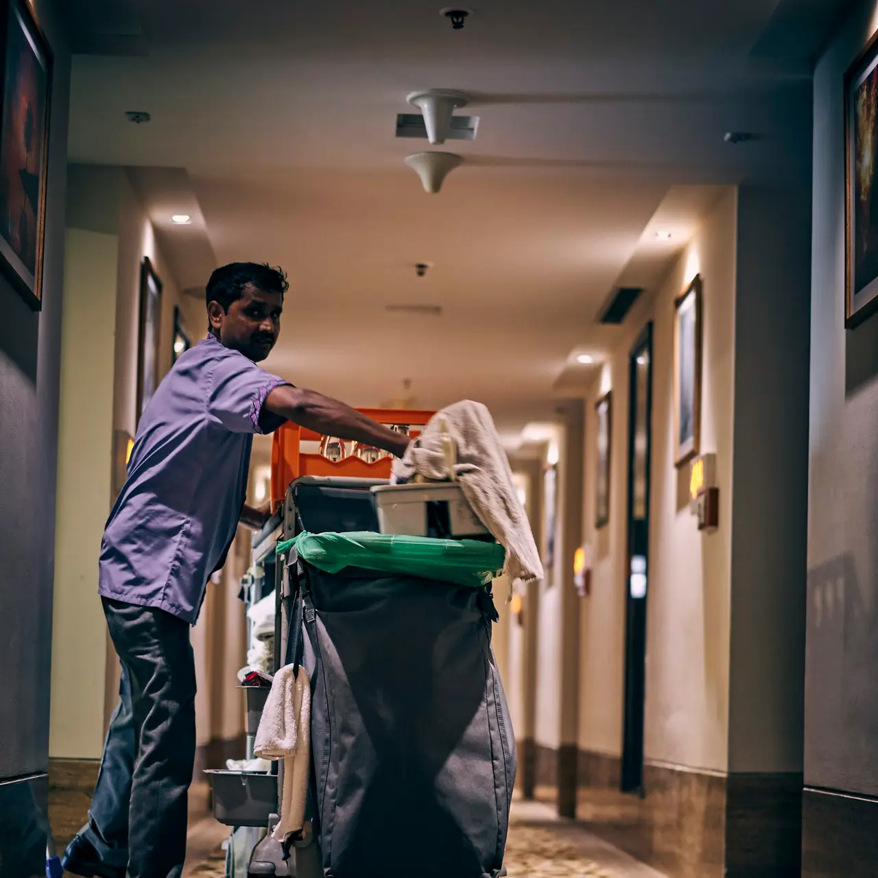 Housekeeping trolley in the upstairs corridor